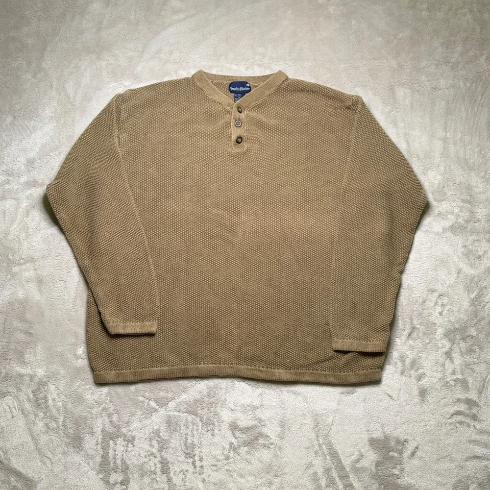 Vtg Stanley Blacker Waffle Knit Henley Sweater Mens XL Beige Heavyweight Cabin